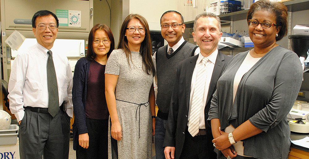 Investigators involved in the grant projects (from left to right): Jian-Jun Wei, MD, Ping Yin, MD, PhD, J. Julie Kim, PhD, Debabrata Chakravarti, PhD, Serdar Bulun, MD, and Erica Marsh, MD, ’08 GME.