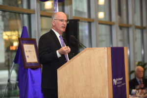 CHICAGO, IL - APRIL 27: Northwestern University Feinberg School of Medicine students and alumni gather for "Celebrate in Chicago! Reception and Dinner" on Friday, April 27 in Ryan Family Atrium of the Robert H. Lurie Medical Michael Mulholland, ’78 MD, chair of the Department of Surgery at the University of Michigan Medical School, gives a speech during the "Celebrate in Chicago! Reception and Dinner" on Ryan Family Atrium of the Robert H. Lurie Medical Research Center as part of Alumni Weekend 2018. (Photo credit: Randy Belice for Northwestern University)