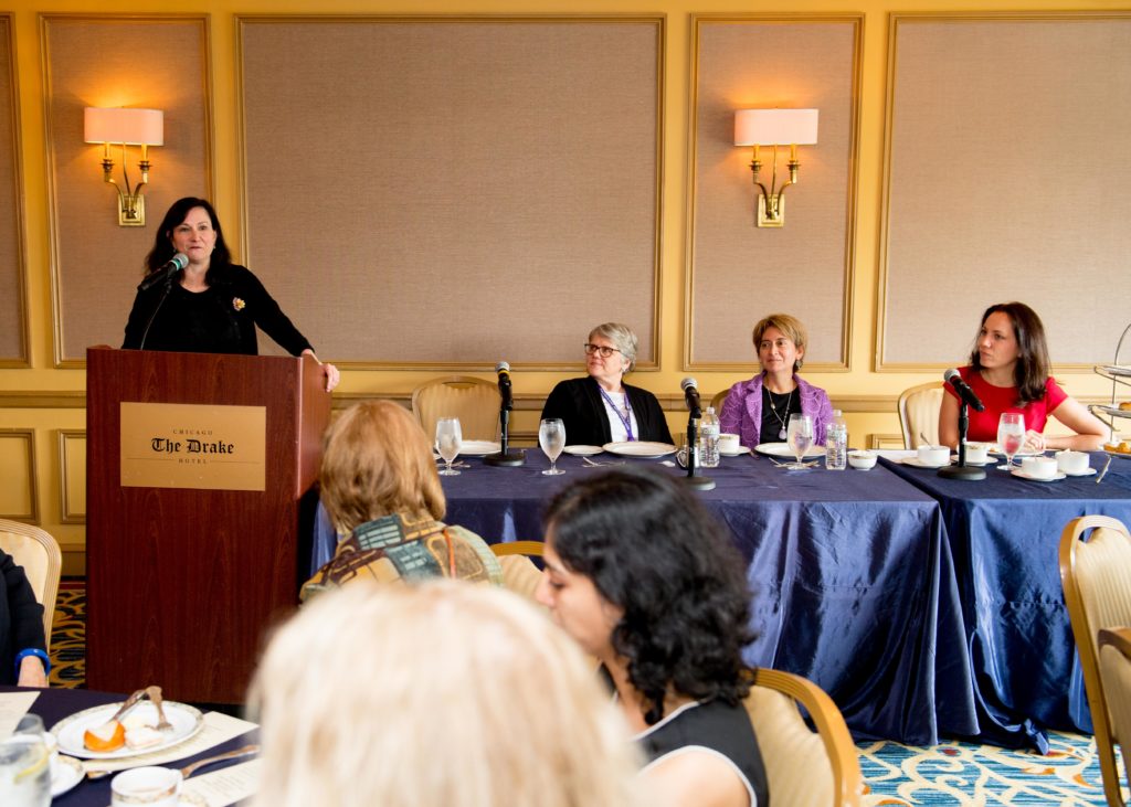 From left to right: Diane B. Wayne, ’91 MD, vice dean for Education, moderated a panel discussion at the Women in Medicine Tea with Patricia Garcia, MD, MPH, ’91 GME, professor of Obstetrics and Gynecology and of Medical Education; Sandra Sanguino, ’93 MD, ’96 ’99 GME, MPH, associate dean for Student Affairs; and Ranya Sweis, MD, ’10 GME, assistant professor of Medicine in the Division of Cardiology.