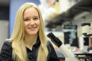 Erin Lambers, a MPH/PhD student, studies the role of the Foxc1 transcription factor and how it affects the differentiation of embryonic stem cells into cardiomyocytes.