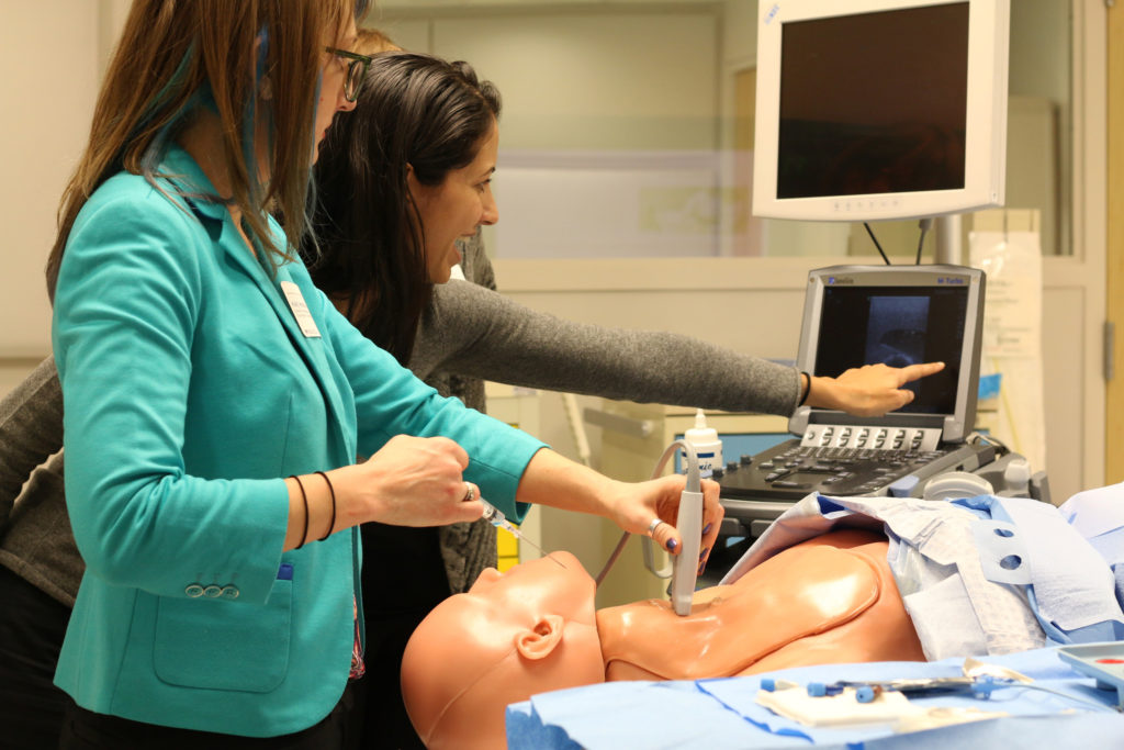 Participants receive guidance as they practice central line insertion skills from start to finish as if they were at an actual patient’s bedside. 