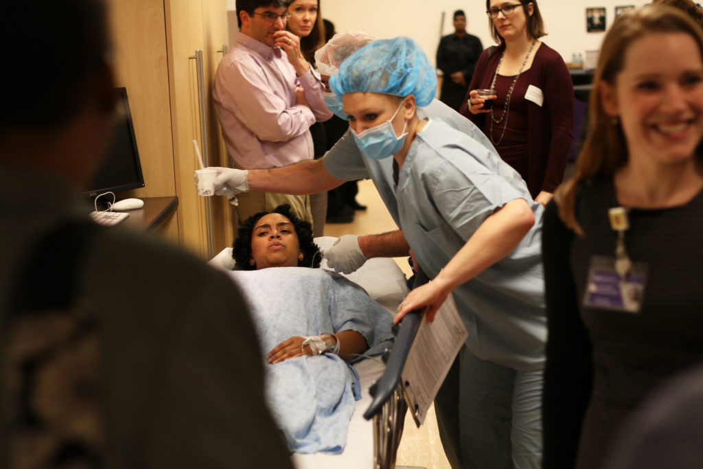 Participants observe how trainees practice effective communication skills with standardized patients (trained actors) to simulate high-stakes clinical scenarios.