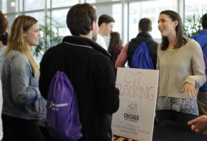 Second Look attendees, prospective students who have been accepted at Feinberg, talked to current medical students about student organizations at an activity fair. 
