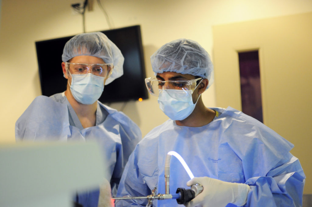 Students practice inserting and using an arthroscope, a small camera instrument, to inspect a joint needing repair or the removal of damaged tissue. 