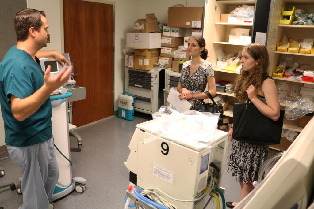 Eric Bradley, neonatal respiratory care, showed first-year medical students Caroline Darch and Samantha Agron, ventilators and other equipment used in the neonatal intensive care unit (NICU) at Prentice Women’s Hospital.