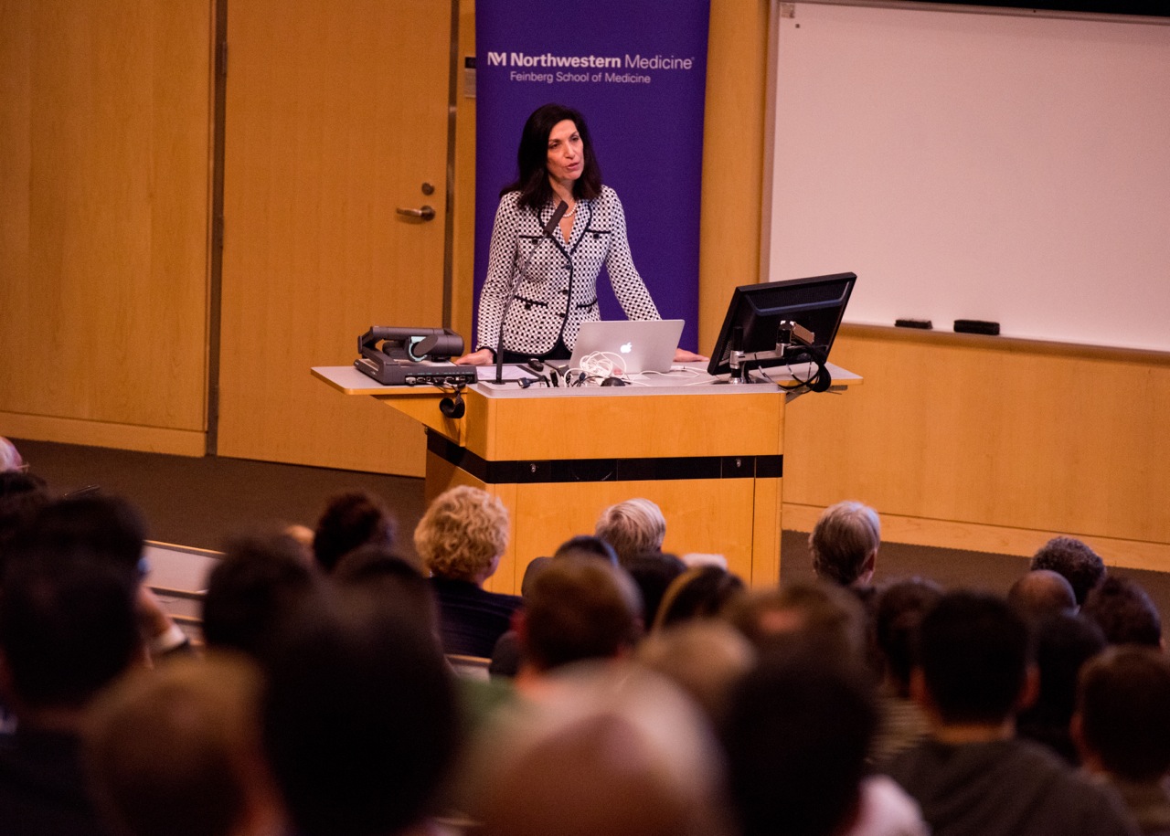 Huda Zoghbi, MD, a Howard Hughes Medical Institute investigator, was presented a medallion as the inaugural recipient of the Mechthild Esser Nemmers Prize in Medical Science at Northwestern University. 