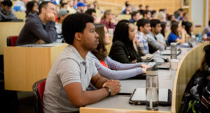 Medical students listen to Novello give a lecture on improving healthcare for minorities. 