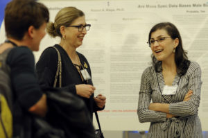 Teresa Woodruff, PhD, founder and director of the Women’s Health Research Institute, listens to Victoria Sandler, MD, fellow in Endocrinology, discussing how fetal sex differences affect maternal metabolic phenotypes.