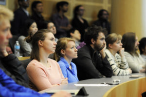 Audience members listened to Szostak speak on the models his lab has developed to find the mechanisms behind early life on earth.