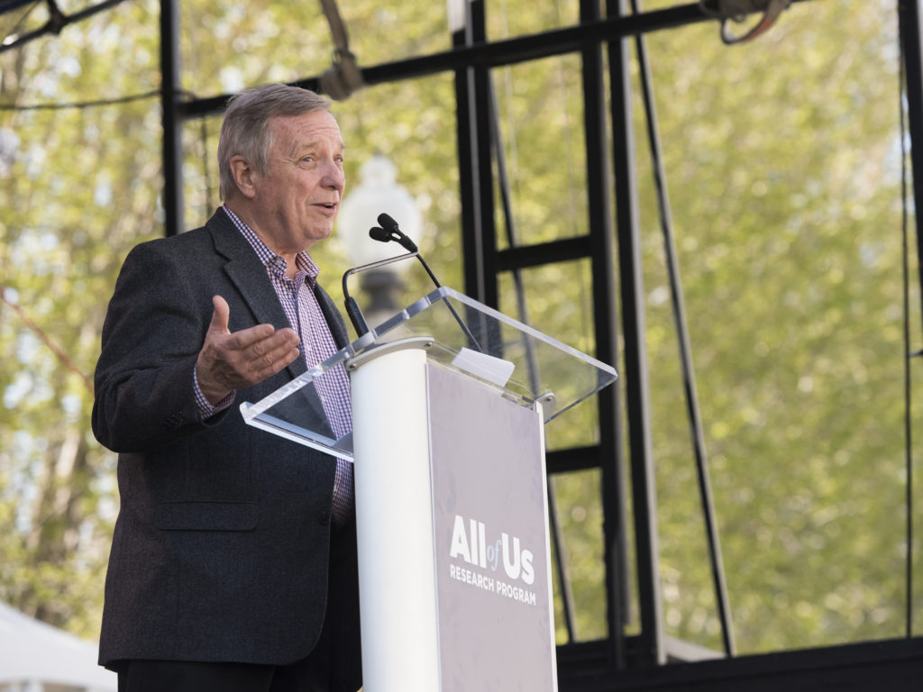 Sen. Dick Durbin delivered remarks at the Chicago launch event for All of Us, held in Millennium Park's Chase Promenade. Image courtesy of the National Institutes of Health. Photography by Rob Karlic.