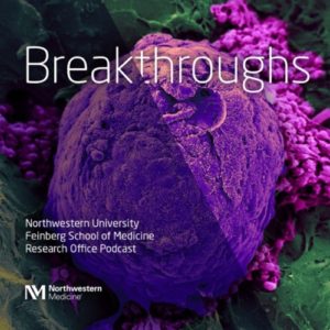 Breakthroughs podcast artwork featuring a glowing purple mouse ovary.