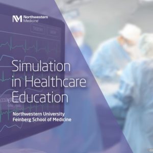 Simulation in Healthcare Education artwork featuring a screen with EKG and three physicians in surgery.