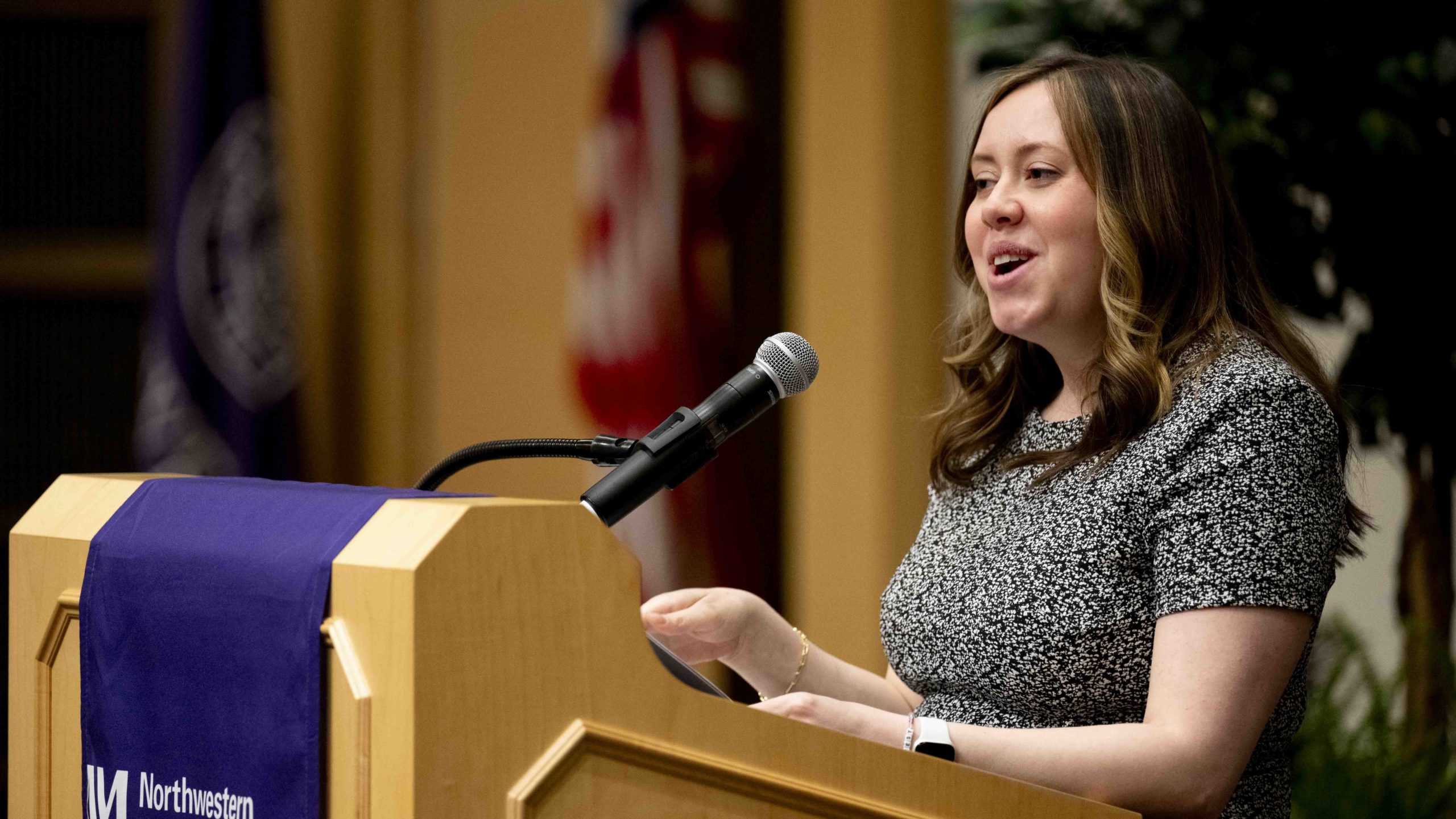 Angelique Dueñas, PhD, MS, assistant Professor of Medical Education, delivers this year’s Honors Day keynote address to graduating medical students. Photo: Nathan Mandell