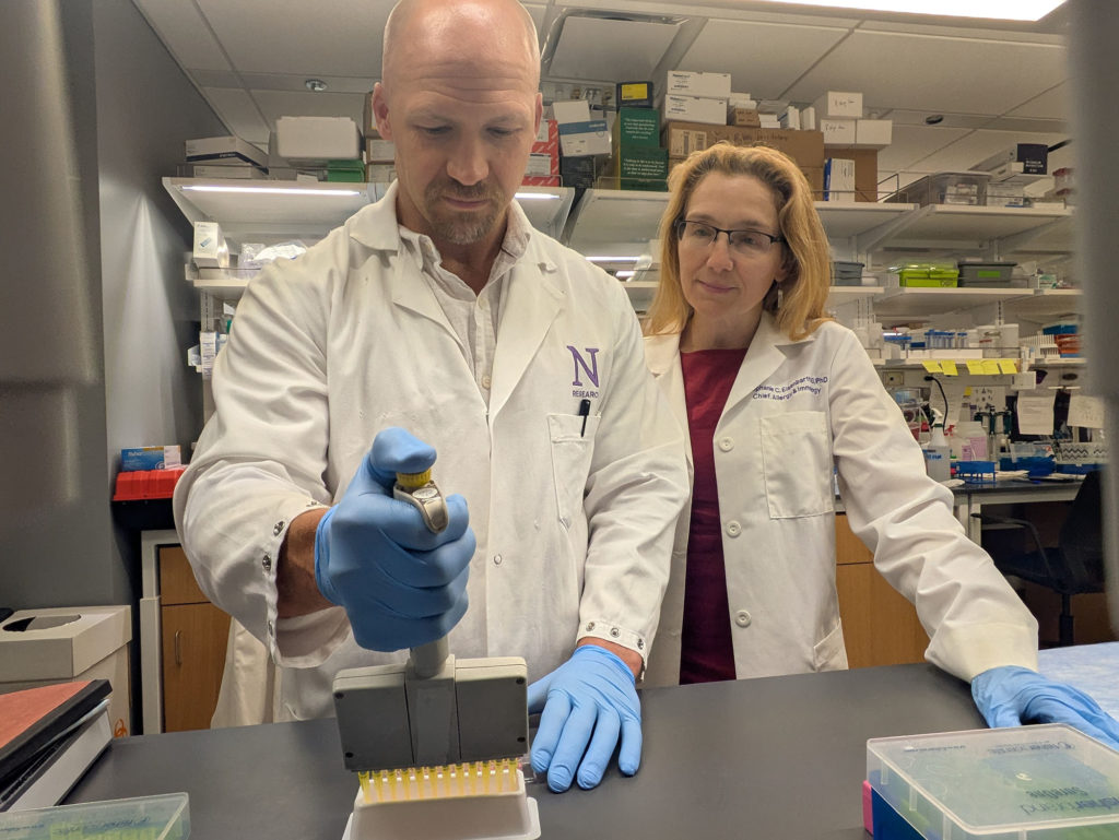 Study authors Stephanie Eisenbarth, MD, PhD, the director of the Center for Human Immunobiology, and Adam Williams, PhD, associate professor of Medicine in the Division of Allergy and Immunology conducting allergy research in their lab. (Northwestern University)