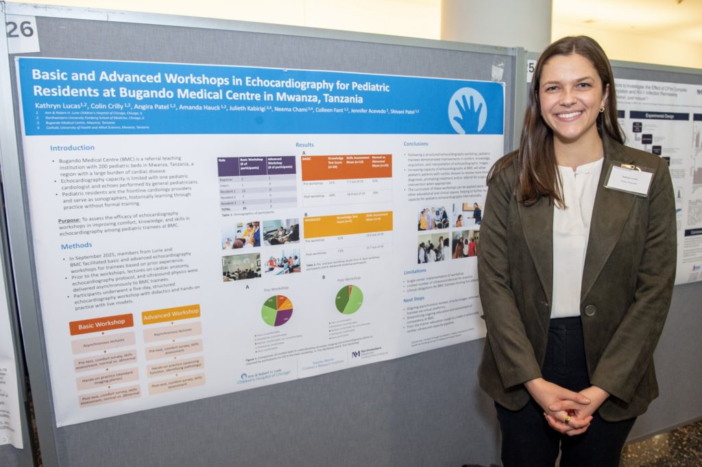 Kathryn Lucas, ‘23 MD, a resident physician in the Department of Pediatrics, poses in front of her research poster for Global Health Day. 