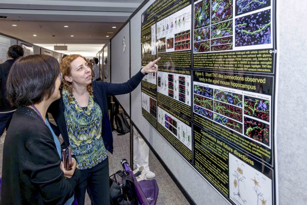 Two scientists discuss a research poster.